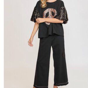222. Womens French Terry Peace Sequined Top and Pants Set